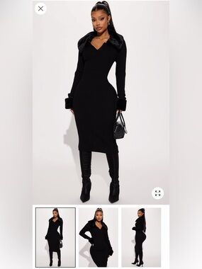 Black Ribbed Knit Midi Dress with Faux Fur Trim